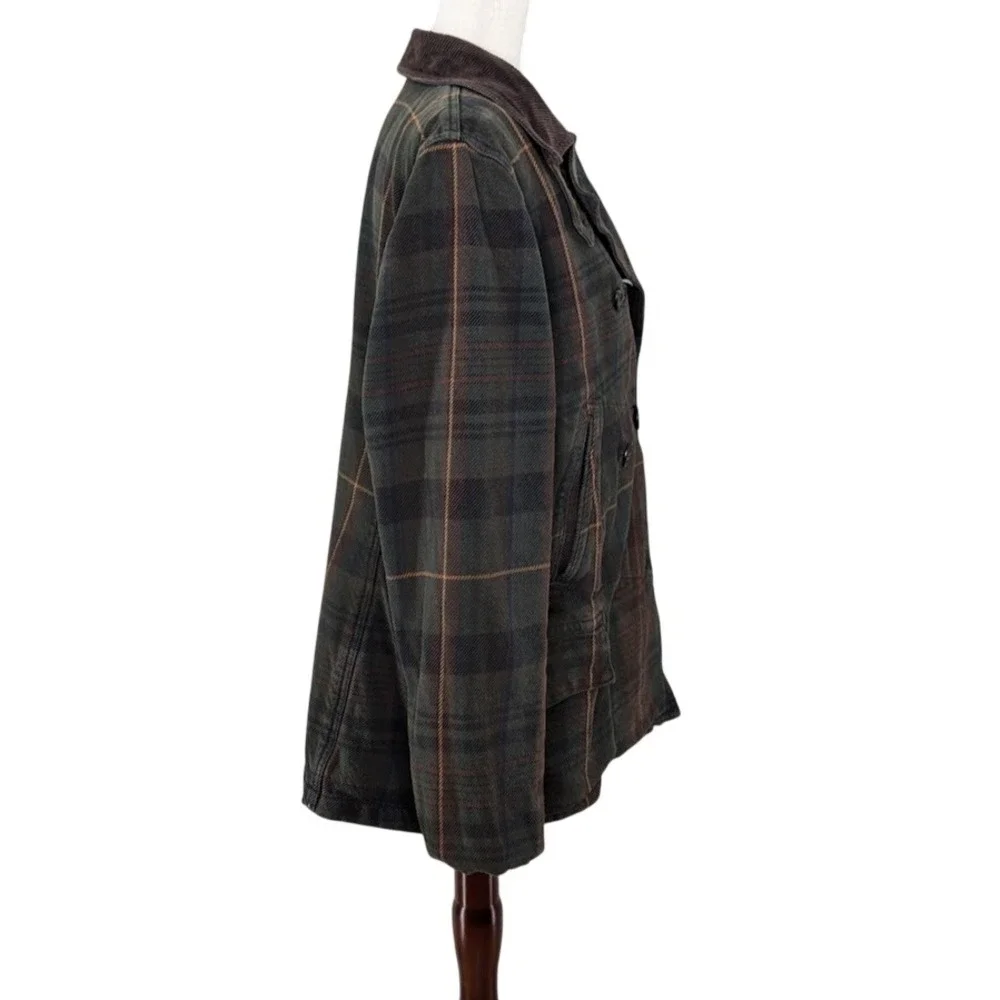 Lauren Ralph Lauren Plaid Barn Coat‎ Women's XL Green Brown Corduroy Collar